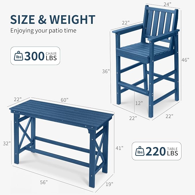 3-Piece Outdoor Bar Table and Chairs Set, HDPE Counter Height Patio Dining Sets, Adirondack Bar Height Chairs Set of 2 and Bar Table for Bistro, Poolside, Backyard, Blue