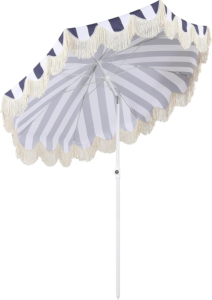 JONATHAN Y Mariner 6.5 ft. Beach Umbrella, Navy/White Striped with Fringe, Push-Button Tilt, UPF 50+ Sun Protection and Carrying Bag for Patio and Pool, White Pole UMB1003N