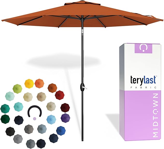 Midtown Umbrellas 10-Year-No-Fade - 8 Ft - UV Proof Dark Orange Polyester Fabric - Umbrella Outdoor Patio, Auto-Tilt Aluminum Frame Patio Umbrella for Garden, Pool & Deck - Black Pole