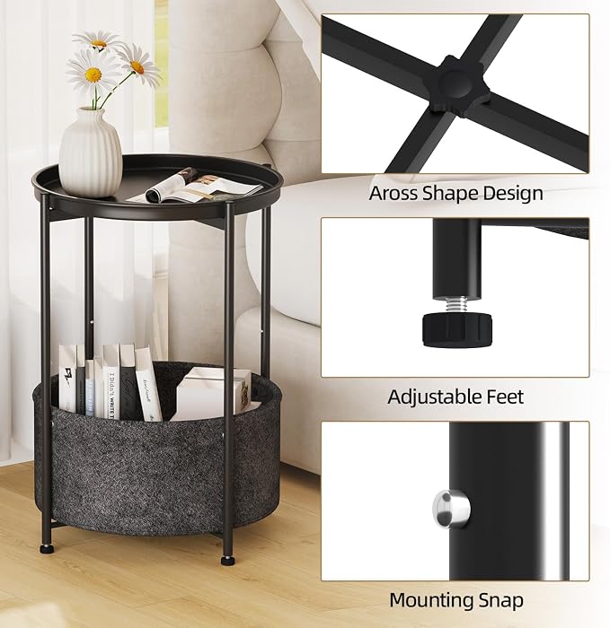 Garden 4 you Small Side Table, Mini Round End Table, Black Tray Table with Fabric Storage Basket, Modern Nightstand for Living Room, Bedroom, Patio, Small Space, 2pcs