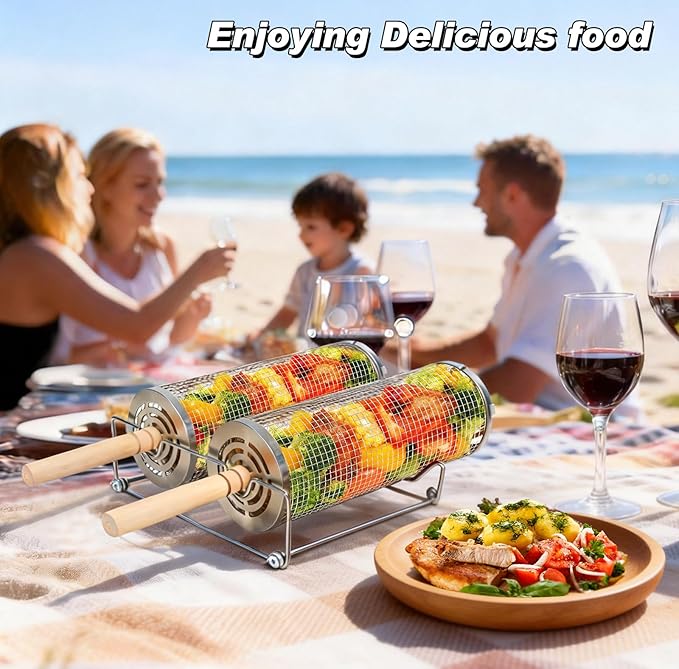 2PCS Rolling Grill Basket Grilling Accessories - Removable Wooden Handle, 304 Stainless Steel,Nesting Barbecue Tools,Smoker BBQ Accessories for Vagetable,Outdoor Cooking Camping,Picnic,Dinner Party,Gifts for Men Dad and Husband
