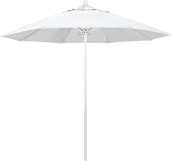 California Umbrella 9' Round Aluminum/Fiberglass Umbrella, Push Open, White Pole, Olefin White Fabric