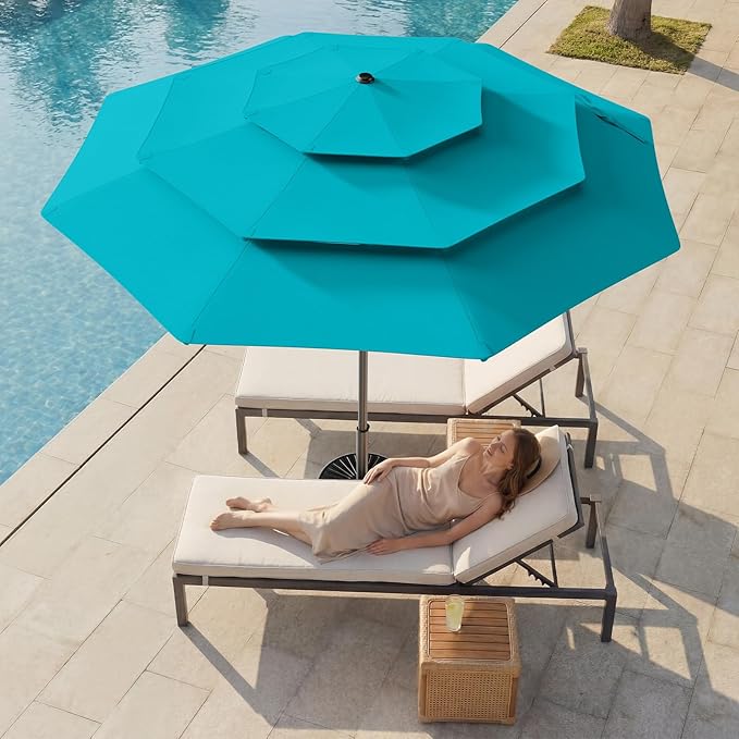 HOMSHADE 9FT 3-Tiers Outdoor Patio Umbrella with 5-Year Fade Resistant,Vented Outdoor Commercial Market Umbrella with UPF50+ UV Protection & Push Button Tilt and Crank for Pool,Backyard(Light Blue)