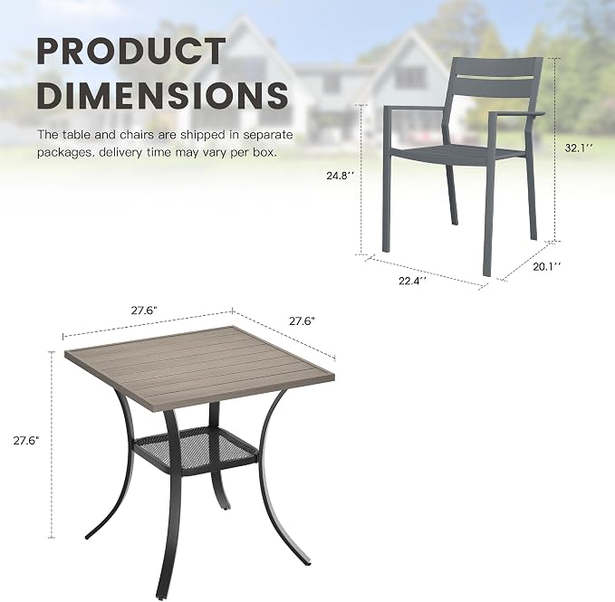 Small Patio Dining Set for 2, 27.5" Square Outdoor Dining Table and Chairs Set with Stackable Patio Chairs Outdoor Furniture for Garden Deck Backyard, Grey Table and Grey Chairs