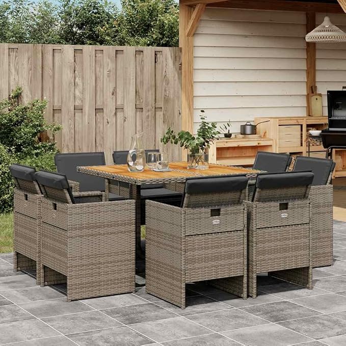 9 Piece Patio Dining Set with Cushions Gray Poly Rattan Outdoor Furniture Table with Acacia Wood Top 8 Folding Chairs UV-Proof for Garden Backyard Relaxing