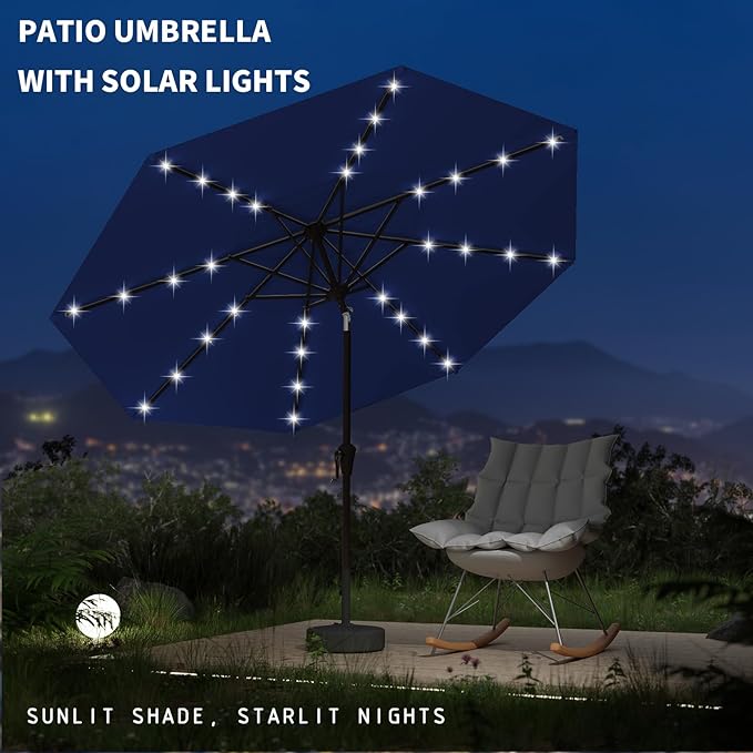 9FT Patio Umbrella with Solar Lights,Outdoor Market Umbrella with Tilt and Crank, LED Lighted Table Umbrella for Garden,Deck,Backyard,Pool,Beach (Navy)
