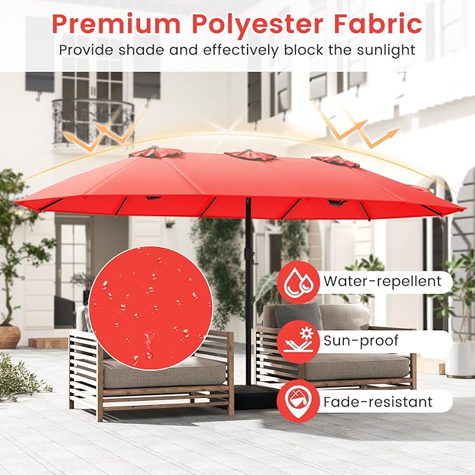 Tangkula 15FT Double-Sided Patio Umbrella with Base, Extra-Large Market Umbrella W/Crank System, Outdoor Twin Umbrella W/ 12-Rib Metal Structure & Air Vents for Garden, Backyard, Poolside