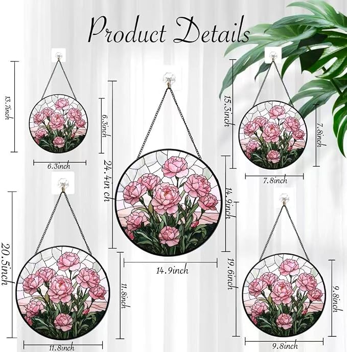 Stained Glass Window Hanging - Blooming Pink Peonies 7.8 Inches Suncatcher for Garden Home Decor for Women Mon Grandma Friends