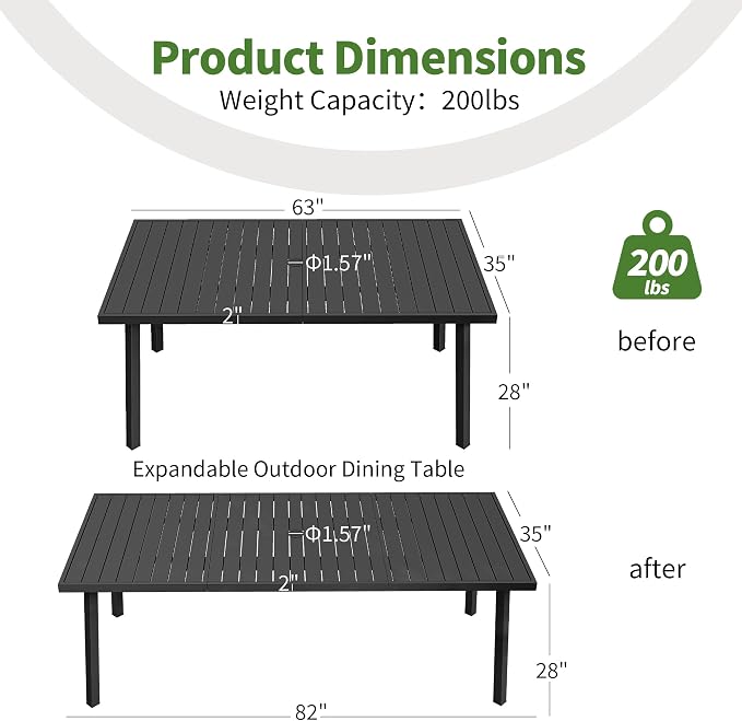 82"×35" Never-Rust Aluminum Outdoor Dining Table – Rectangular Patio Table for 8 Person with Umbrella Hole, Heavy Duty All-Weather for Poolside, Garden, Backyard, Porch, Deck, Black