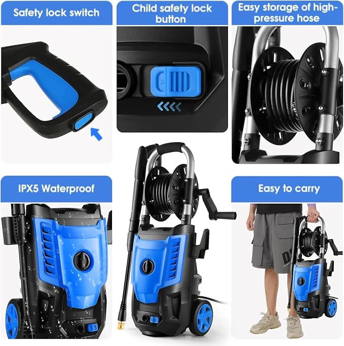 4800PSI Electric Pressure Washer- 3.8GPM High Power Washer with 33FT Hose Reel, 4 Spray Tips and Soap Bottle for Car Washing, Fence Cleaning, Patio Maintenance（Upgraded） (Blue)