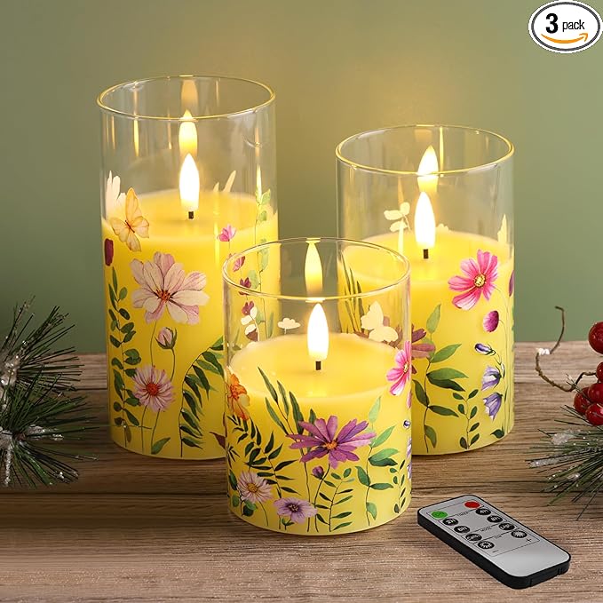 Eywamage Yellow Floral Glass Flameless Candles with Remote, Flickering Spring LED Pillar Candles Battery Operated Home Decor Set of 3