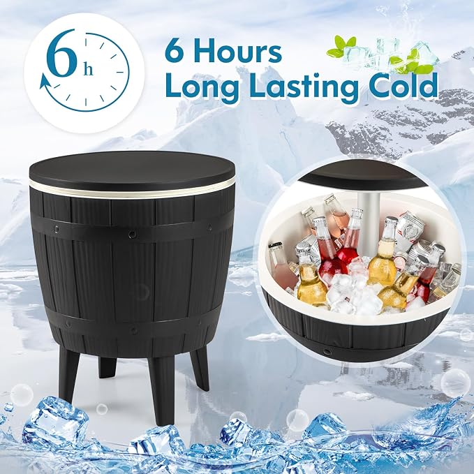 COSTWAY Outdoor Cooler Bar Table, 10 Gallon Cooler with Height Adjustable Tabletop, 3-in-1 Ice Bucket for Beer & Wine, All-Weather Cocktail Table for Backyard, Party, Poolside (Black)