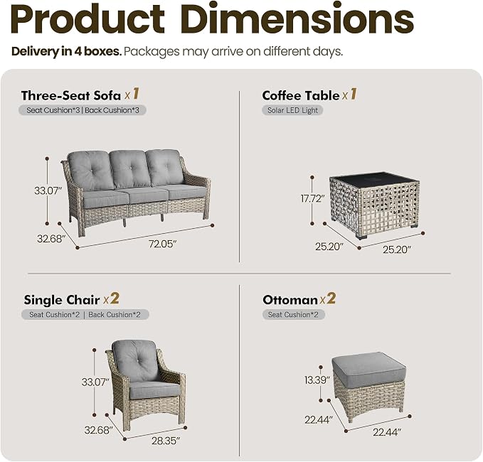 6 Piece Patio Furniture Set with Solar Lights Coffee Table, Outdoor Wicker High Back Sofa Chairs Ottomans with Cushions, All Weather Conversation Set for Backyard Porch Deck, Dark Gray