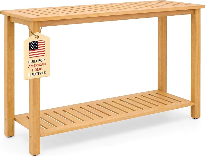 Premium 2-Tier Wooden Console Table with Storage Shelf Solid Eucalyptus Wood 48.03"x 16.14"x 31.1" Entryway Sofa Table for Hallway, Living Room (Golden)