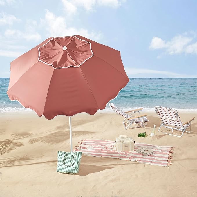 7.2FT Patio Beach Umbrella, Adjustable Height and Tilt Design, UPF 50+ Sun Protection with Silver Coating, Wind-Resistant Fiberglass Ribs, Portable 2-Fold Design, Includes Carry Bag, Base Not Included