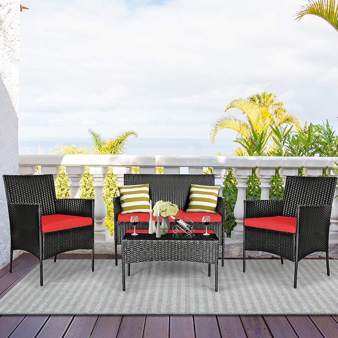 DORTALA 8 Pieces Patio Furniture Set, Rattan Conversation Set with Coffee Table & Cushions, Outdoor Wicker Sofa Set for Poolside, Backyard, Red