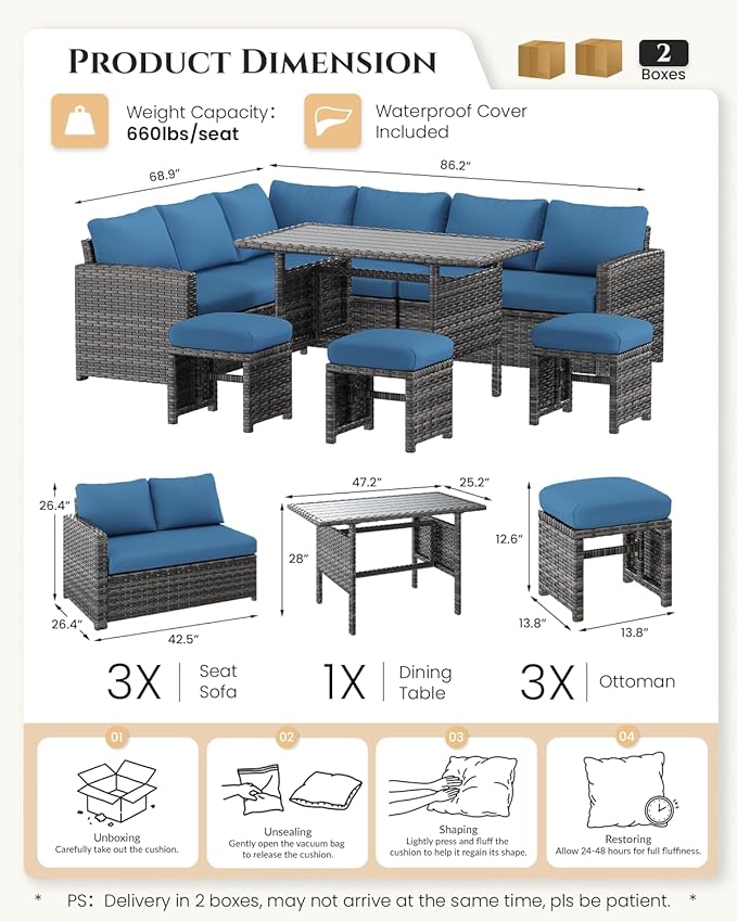 U-MAX 7 Pieces Patio Furniture Set with Waterproof Cover, Outdoor Sectional Sofa Conversation Set, All Weather Wicker Rattan Dining Table & Chair with Ottoman, Grey Rattan&Dark Blue Cushion