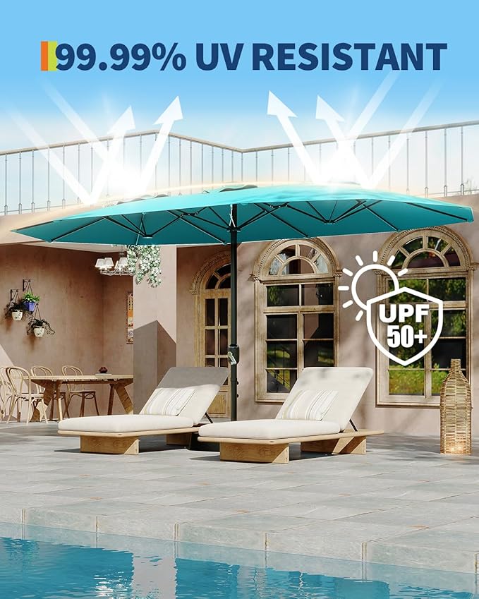 GarveeLife Large Patio Umbrella with Base Included, Double-Sided Rectangle Market Umbrella with Cross Base and Sandbag for Pool Lawn Garden (Misty Blue, 15FT)