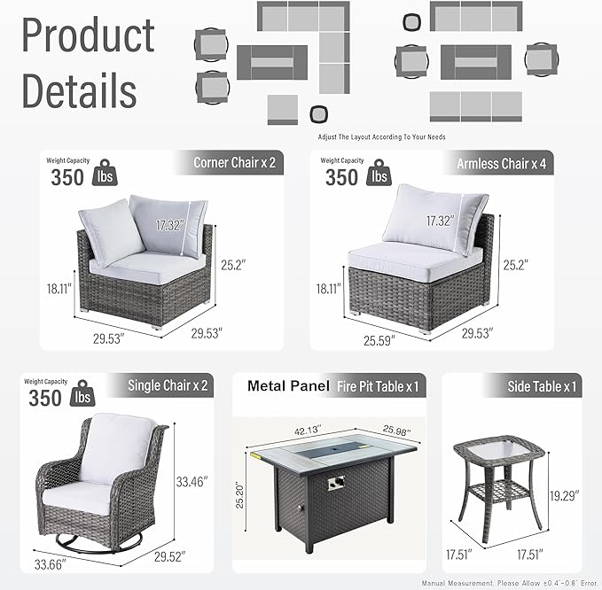 HOOOWOOO Outdoor Patio Furniture Set with Fire Pit 10 Pieces Patio Set with Fire Pit Wicker Outdoor Furniture with Fire Pit Table Set Patio Conversation Set with Swivel Chairs,Gray