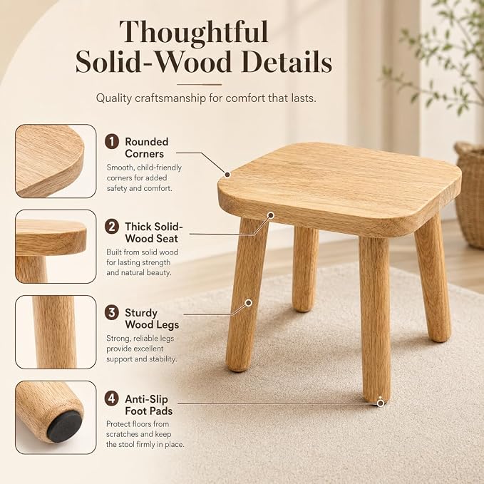 Wooden Picnic Stools Set of 4, Tool-Free Assembly Solid Wood Low Profile Portable Seats for Indoor Home, Outdoor Camping, Beach and Patio