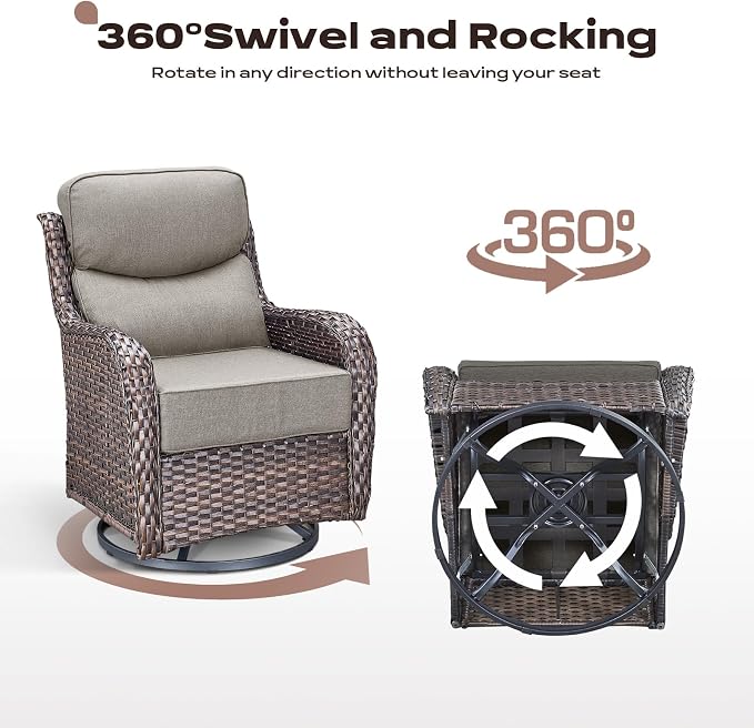 Rilyson Outdoor Patio Furniture Set - Weather Resistant Wicker,High Back,6 inch Cushions,4 Piece Patio Furniture Set with Swivel Rocker Chairs and Ottomans for Deck Porch Yard,Brown/Beige