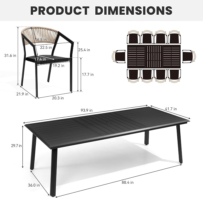 11-Piece Aluminum Outdoor Patio Dining Set with 10 Stackable Wicker Chairs | 94" Rectangular Outdoor Dining Table and Barrel Chairs Weather Resistant Furniture for Backyard, Deck, Poolside (Brown)