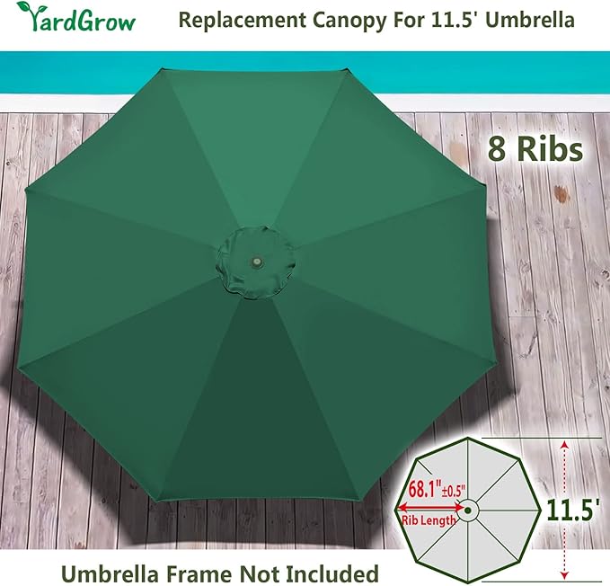 YardGrow 11.5ft 8 Ribs Umbrella Canopy Replacement for Patio Umbrella, Frame NOT Included, Umbrella Replacement Canopy ONLY