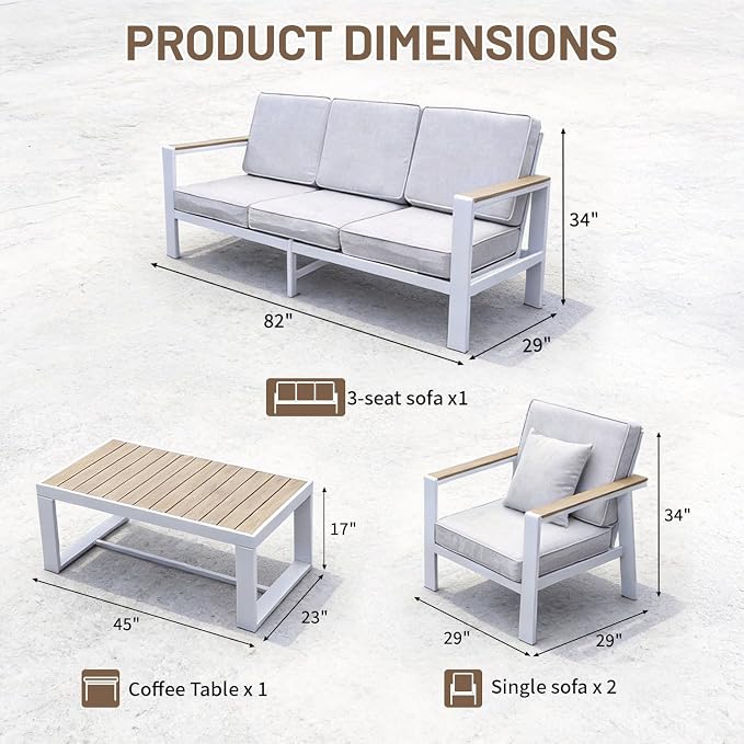 Aluminum Patio Furniture Set, Modern Metal Outdoor Conversation Sectional Sofa with Washable Thick Cushions, Coffee Table and Waterproof Cover (White, 1088-5seat)