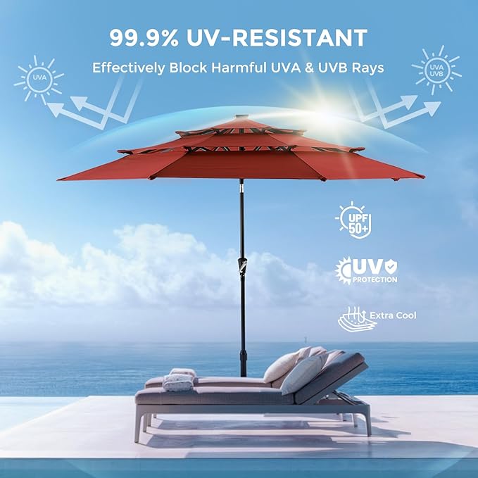 HOMSHADE 9FT 3-Tier Solar Patio Umbrella Heavy Duty, Vented Market Table Umbrella Windproof w/32 LED Lights, UPF50+, 5-year Fade Resistant, for Pool, Lawn, Garden, Deck (Neon Orange,No Base)