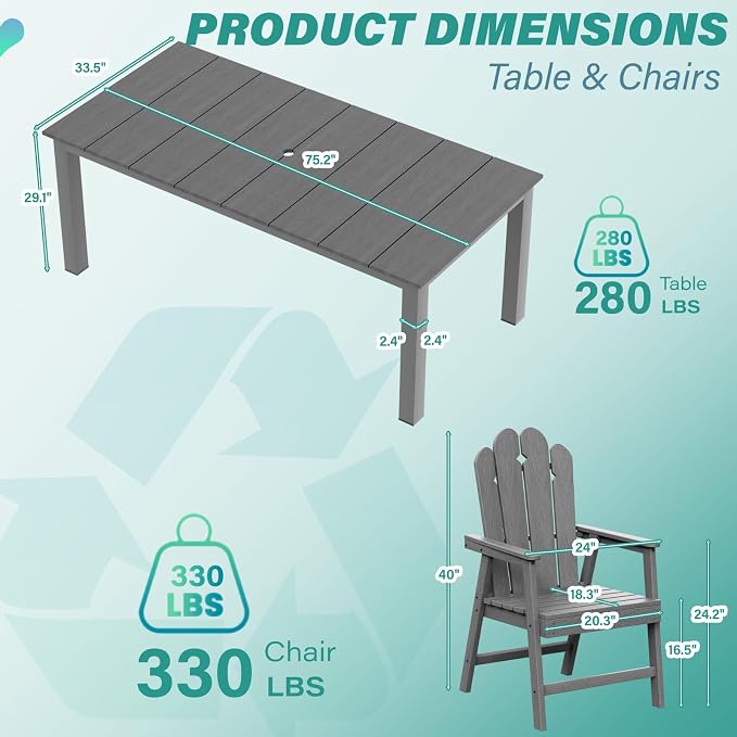9 Piece Outdoor Table and Chairs Set for 8, Patio Dining, Gray | 89.4” table,oversize 8 seat patio dining set, durable HDPE wood-look, stable and spacious design for family gatherings
