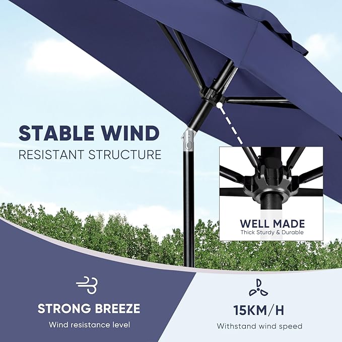 Tempera Patio Market Outdoor Table Umbrella with Push Button Tilt and Crank, Large Sun Umbrella with Sturdy Pole & Fade Resistant Canopy, Easy to Set