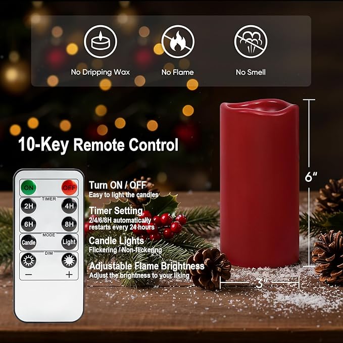 Amagic 3"x6" Red Flameless Candles with Remote, Christmas Battery Operated Candles with Timer, Waterproof LED Pillar Candles for Thanksgiving Table, Home, Outdoor Decor, Plastic, Set of 2