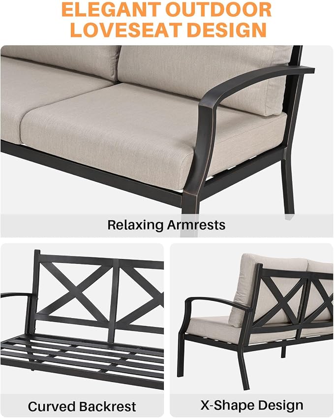 4-Piece Outdoor Sofa Set, Never Rusts Aluminum Patio Sofa Set with Coffee Table, Patio Furniture Set Outdoor Conversation Set with Removable Cushions for Patio, Backyard, Porch, Dark Bronze