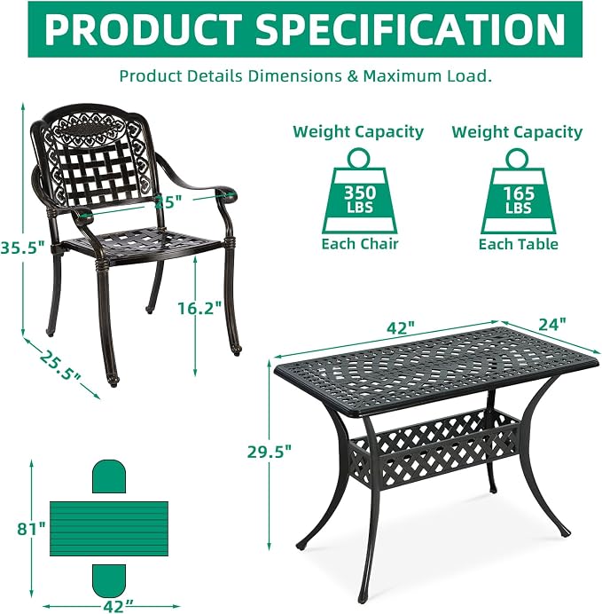 VIVIJASON 3 Piece Outdoor Dining Set, Cast Aluminum Patio Bistro Set with 42" x 24" Rectangular Table and 2 Chairs, Rust Proof & Weather Resistant Furniture for Small Balcony, Porch, Garden, Deck