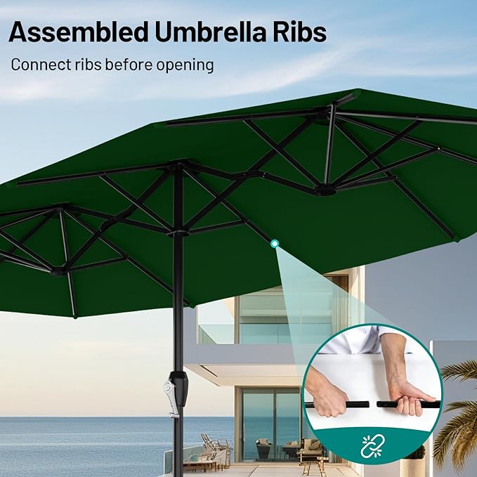AreShark 15ft Patio Umbrella with Base, Double Sided Outdoor Umbrella with 12 Fiberglass Ribs, Large Outdoor Umbrella for Garden, Pool, Deck, Backyard & Market, Dark Green