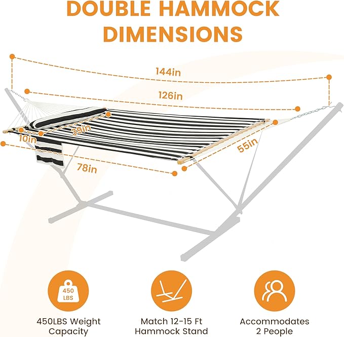 Lazy Daze Hammocks 2 Person Double Quilted Fabric Hammock with Spreader Bar, Detachable Pillow, Side Pocket, Carabiners, Chains, Straps for Outdoor, 450lbs Capacity, Black White Stripes