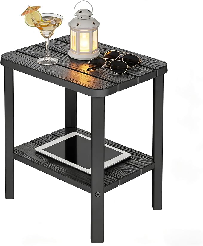 KAMABOKO HDPE Outdoor Side Table, 2-Tier Adirondack End Table Wood-Like Grain 16" Waterproof Square Storage Tables for Patio Pool Backyard Lawn and Indoor(Black)