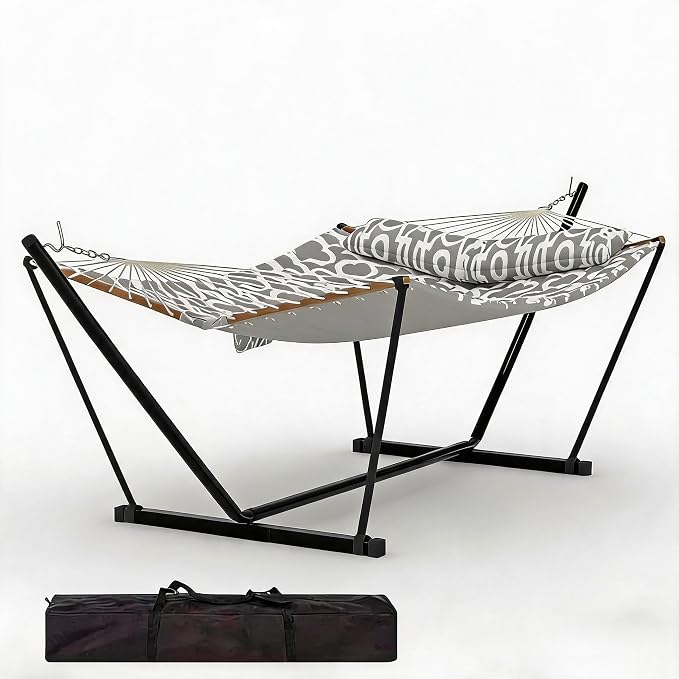 2 Person Heavy Duty Outdoor Hammock with Stand, Portable Double Hammock with Hardwood Spreader Bar, Pillow & Balance Ropes, 450LB Max Capacity with Carry Bag for Patio Backyard Garden Beach
