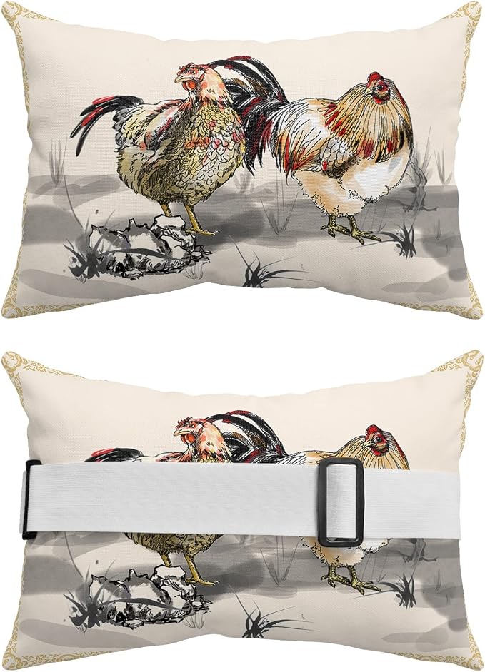 Outdoor Pillows Covers with Inserts Farmhouse Chicken Flower Ink Painting Beige Waterproof Recliner Pillow with Adjustable Strap Throw Pillows for Patio Furniture Pool Lounge Chair, 11x16 inch, 1PCS