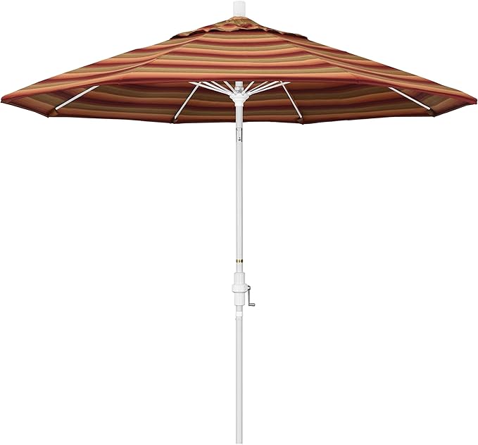California Umbrella 9' Round Crank Lift, Collar Tilt, Aluminum Pole, Fiberglass Rib Patio Umbrella, White Finish, Sunbrella Astorai Sunset