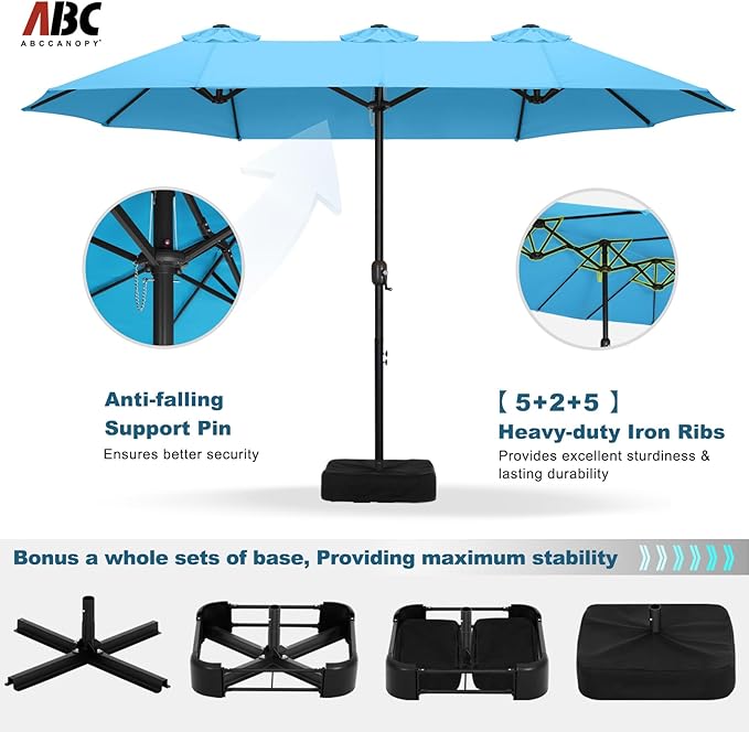 ABCCANOPY 15FT Patio Umbrella with Base, Outdoor Double-Sided Rectangle Umbrella Bonus Latch, Wights for Poolside, Lawn, Backyard (Turquoise)