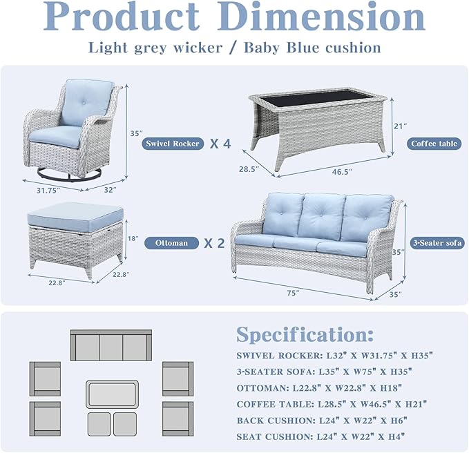 Belord Wicker Patio Furniture Sets - 8 Piece Outdoor Rattan Furniture Conversation Sets with 4 Swivel Rocker Chairs, Outdoor Sofa, Wicker Ottomans and Coffee Table, Light Grey/Baby Blue