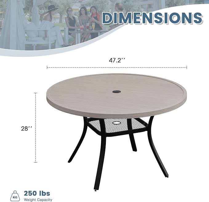 DIFY 48" Round Patio Dining Table for 6, Outdoor Metal Dining Table with 1.57" Umbrella Hole for Backyard Lawn Garden, Grey Wood-Like