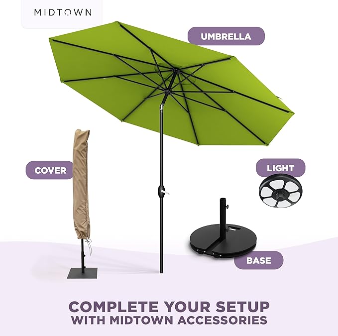 Midtown Umbrellas - 10-Year-No-Fade 9 Ft Patio Umbrella with Terylast Fabric, Auto-Tilt Aluminum Frame and 8 Reinforced Ribs for Deck, Pool, Garden & Beach - Pear Green Canopy, Black Pole