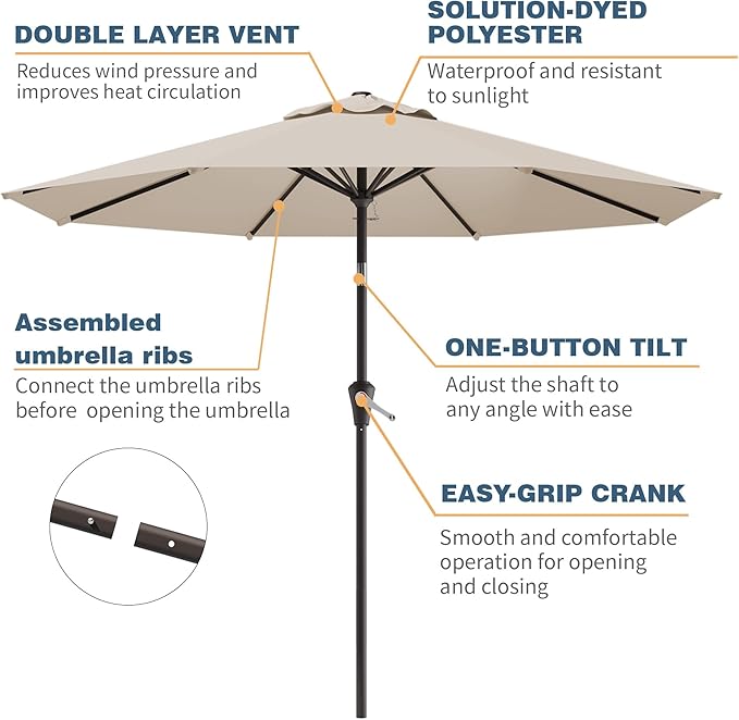 10FT Patio Umbrella, Outdoor Umbrella with Push Button Tilt and Crank, 8 Sturdy Ribs, UV Protection & Waterproof Market Umbrella for Pool, Backyard, Beach,Deck (Cream White)