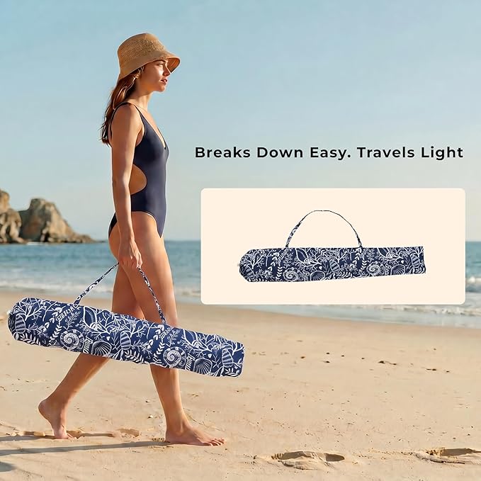 6FT Fringe Beach Umbrella for Sand, Boho Coastal Patio Umbrella with Tassels, UPF 50+ Sun Protection, Tilt, Carry Bag for Beach Vacation & Pool, Reef Indigo