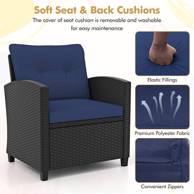 RELAX4LIFE 3-Piece Patio Furniture Set - Wicker Rattan Bistro Sofa w/Glass Top Coffee Table, Washable Cushions for Porch Balcony Backyard Poolside, Outdoor Conversation Set (Navy)