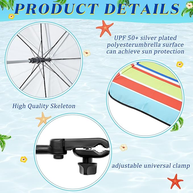 Buryeah 2 Pcs Beach Chair Umbrella Automatic with Universal Adjustable Clamp 44" UPF 50+ Portable Clamp on Beach Chair for Wheelchair Patio Golf Carts Camping