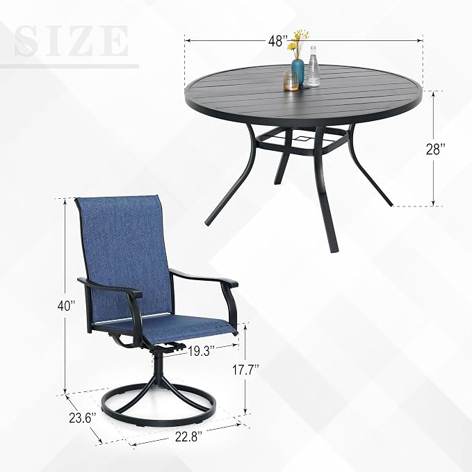Anmutig 5-Piece Outdoor Dining Set, 48" Round Table with 4 Swivel Textilene Chairs All Weather Furniture Set - Blue