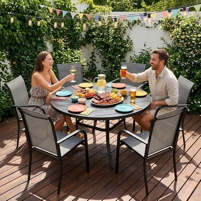 SUNCROWN 7 - Piece Outdoor Dining Set, Patio Furniture Set with 6 x Textilene Dinning Chairs and 53" Metal Round Table with Umbrella Hole for Lawn Garden Backyard Deck, Grey